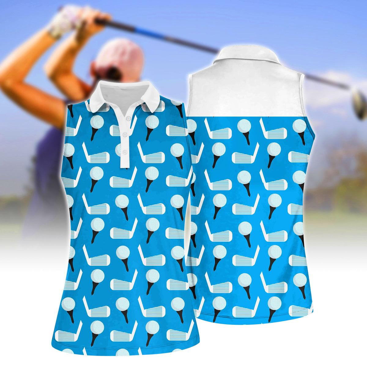 Women's Golf Polo Shirt Blue Sleeveless Top Cartoon Ladies Golf Attire