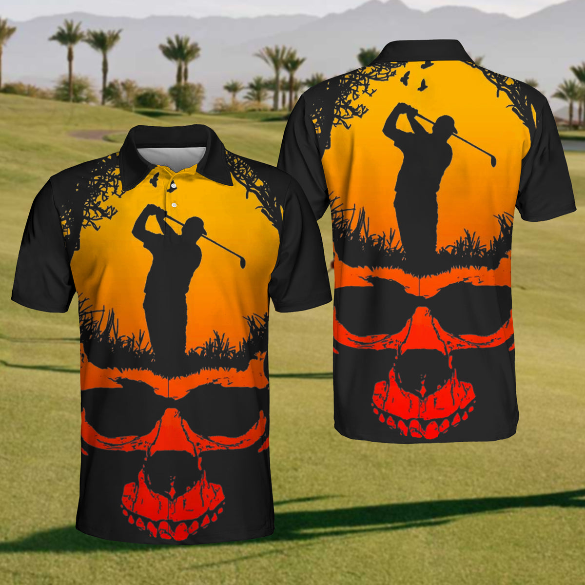 Pink Peony Skull Men's Golf Shirts